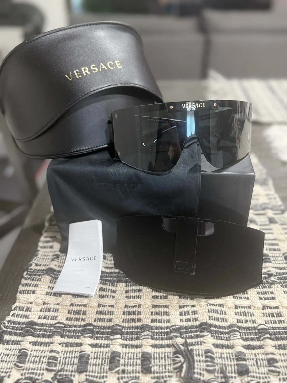 Versace Men’s Black Frameless Shield Sunglasses with Logo
